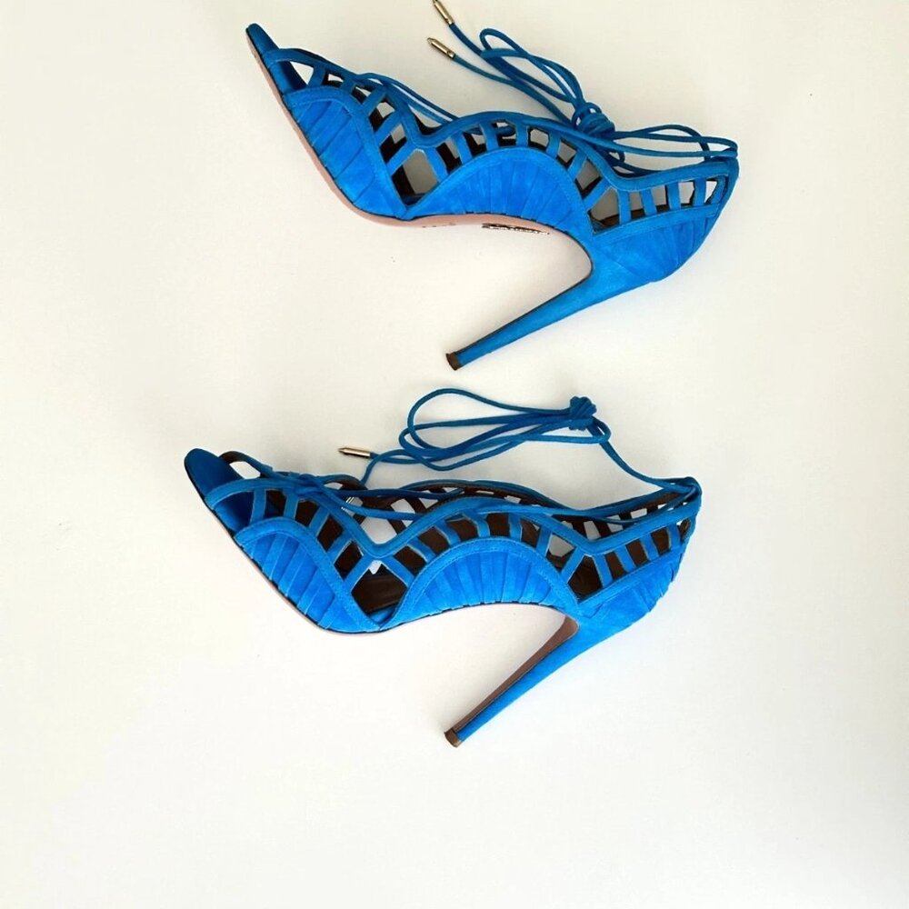 AQUAZZURA Blue Suede Scalloped Cutout Ankle Wrap Sandals Heels Size 38.5 - Picture 3 of 11